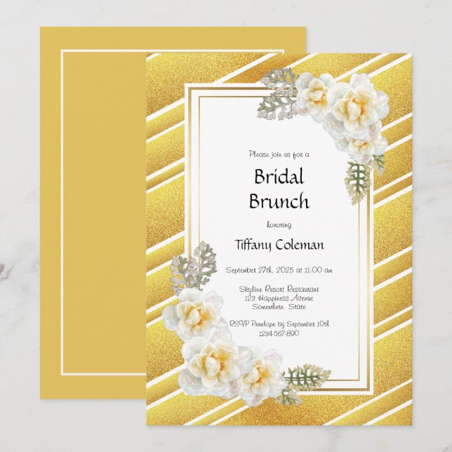 Yellow Rose Floral Gold Bridal Brunch Invitation (Front/Back)