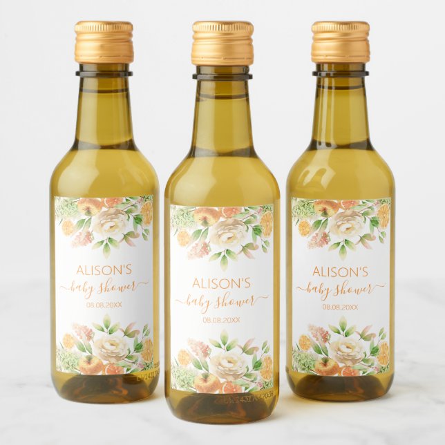 Yellow Rose Floral Greenery Girl Baby Shower Mini Wine Label (Bottles)
