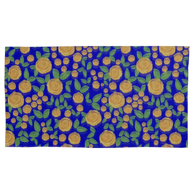 Yellow rose floral on blue pillowcase (Front-Left)