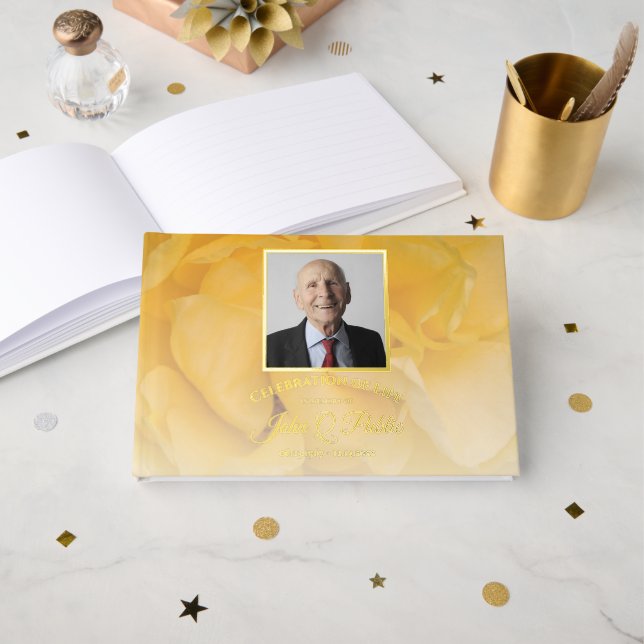 Yellow Rose Flower Celebration of Life Memorial Guest Book (Front Open)