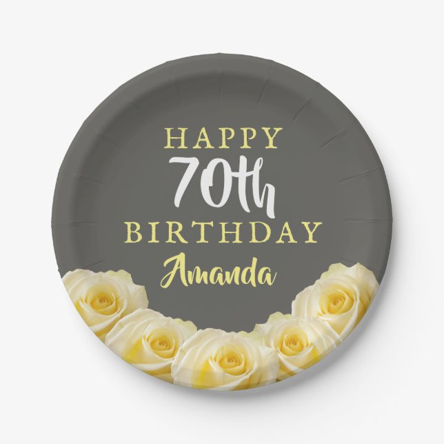 Yellow Rose Flower Floral 70th Birthday  Paper Plate (Front)