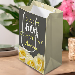 Yellow Rose Flower Floral 80th Birthday  Medium Gift Bag