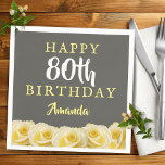 Yellow Rose Flower Floral 80th Birthday  Napkin<br><div class="desc">Yellow Rose Flower Floral 80th Birthday Party Napkins. Beautiful yellow roses. The background is chalkboard grey. The text is in white and yellow colours and is easily customisable -  personalise it with your name and age. Perfect for a woman`s eightieth birthday party.</div>