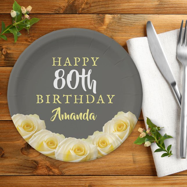Yellow Rose Flower Floral 80th Birthday Paper Plate (Creator Uploaded)