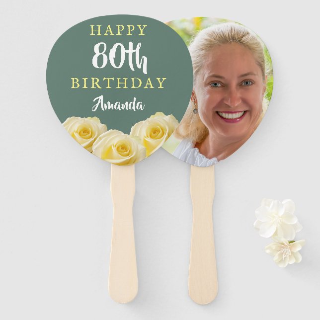Yellow Rose Flower Floral 80th Birthday Photo Hand Fan (Front and Back)