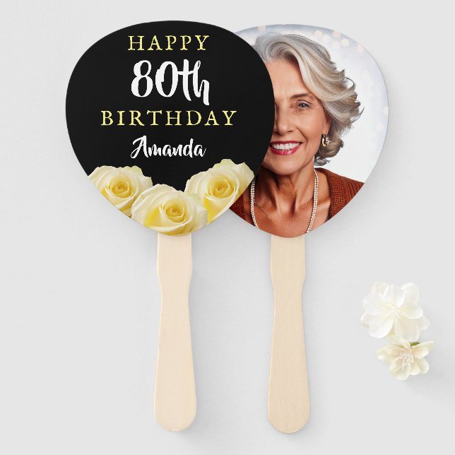 Yellow Rose Flower Floral 80th Birthday Photo Hand Fan (Front and Back)