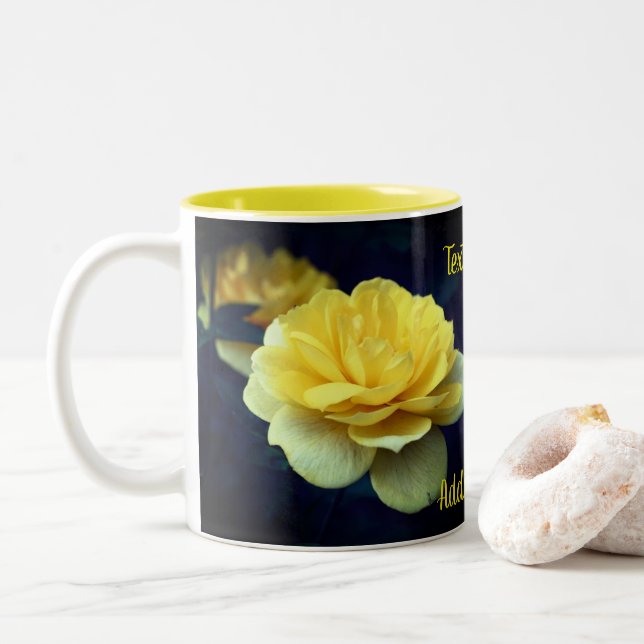 Yellow Rose Flower Personalised Two-Tone Coffee Mug (With Donut)