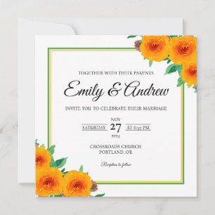 Yellow Rose Frame Floral Watercolor Square Wedding Invitation