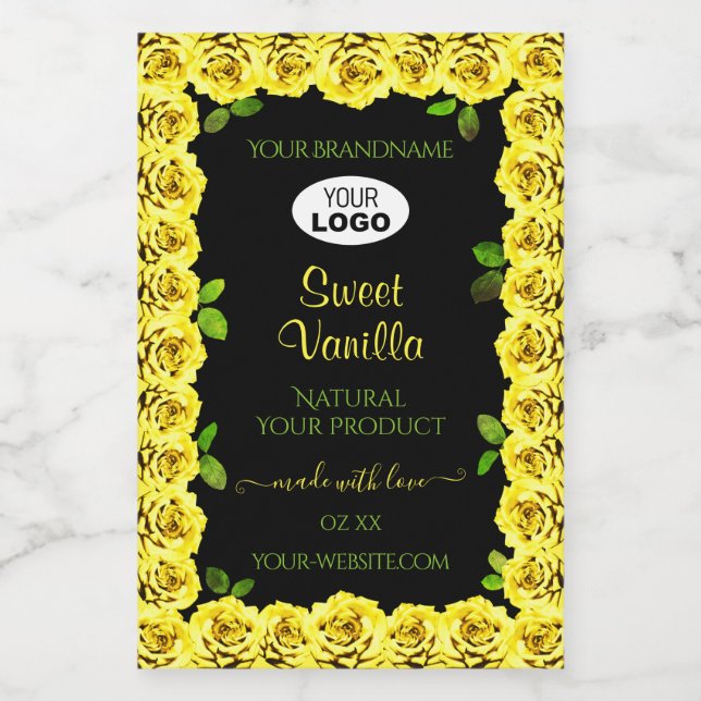 Yellow Rose Frame on Black Product Label with Logo (Single Label)