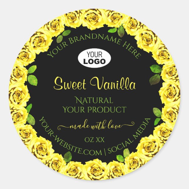 Yellow Rose Frame on Black Product Label with Logo (Front)