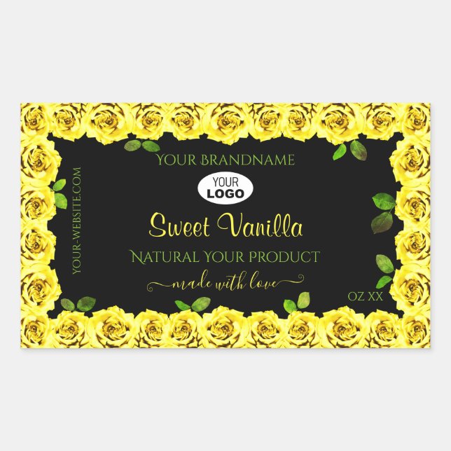 Yellow Rose Frame on Black Product Label with Logo (Front)