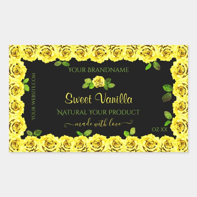 Yellow Rose Frame on Black Product Packaging Label (Front)