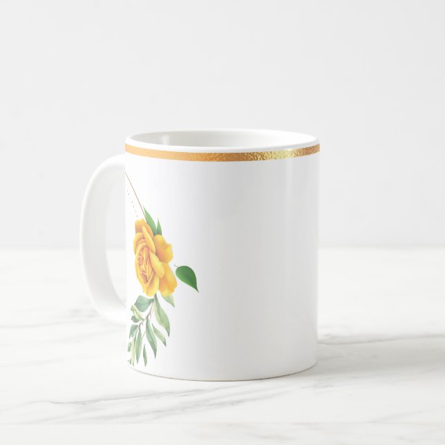 Yellow Rose Gold Rimmed Floral Coffee Mug (Front Left)