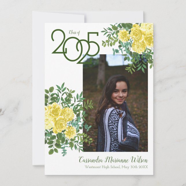 Yellow Rose Greenery Photo Graduation Announcement (Front)