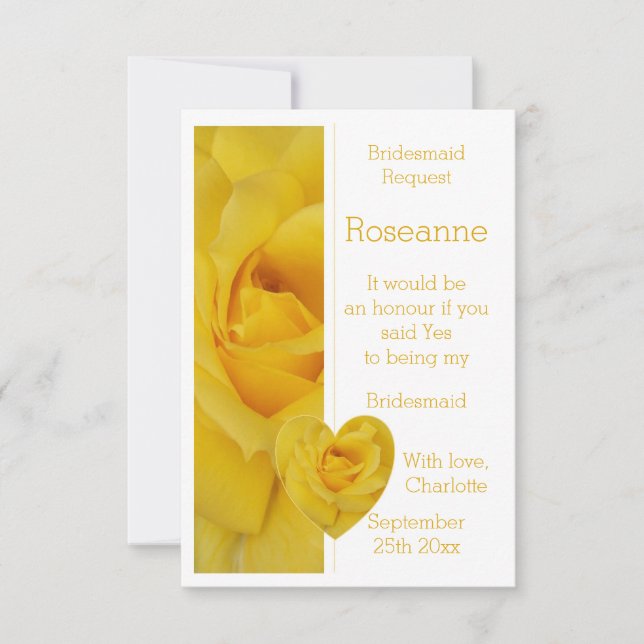 Yellow Rose Heart Design Bridesmaid Request Invitation (Front)