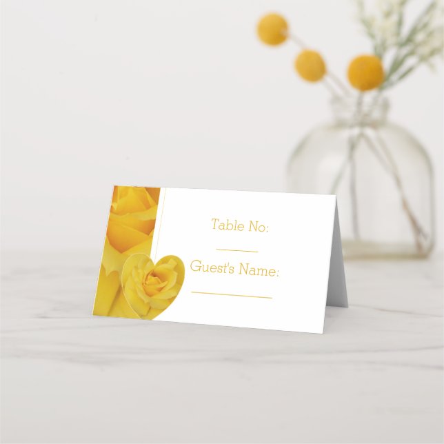 Yellow Rose Heart Design Wedding Place Card (Front)