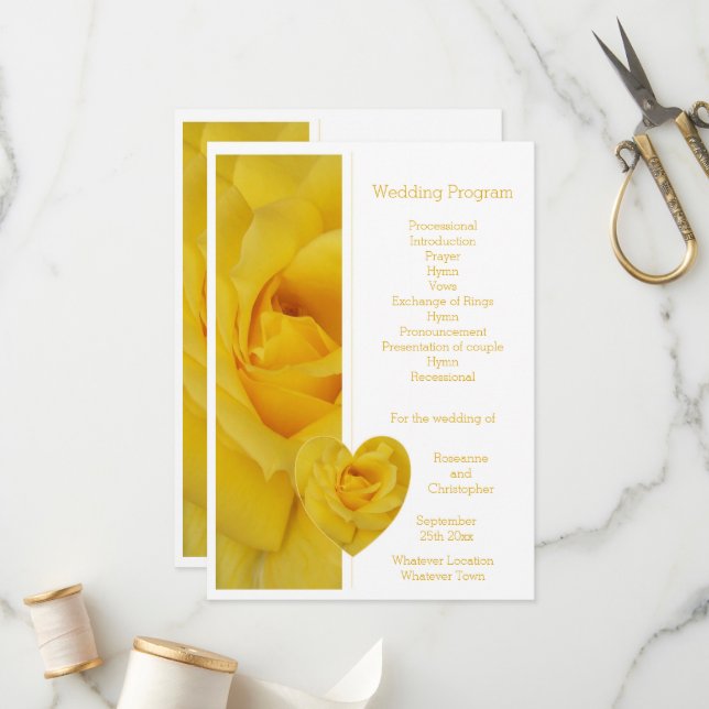 Yellow Rose Heart Design Wedding Programme (Front/Back In Situ)