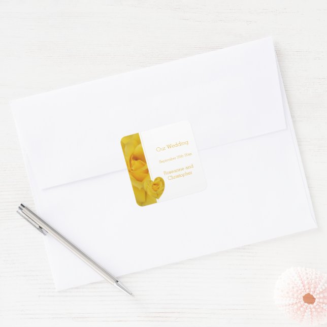 Yellow Rose Heart Design Wedding Square Sticker (Envelope)