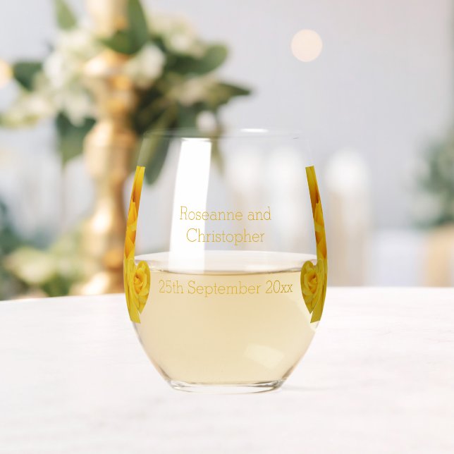 Yellow Rose Heart Design Wedding Stemless Wine Glass (Insitu (Wedding))