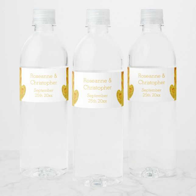 Yellow Rose Heart Design Wedding Water Bottle Label (Bottles)