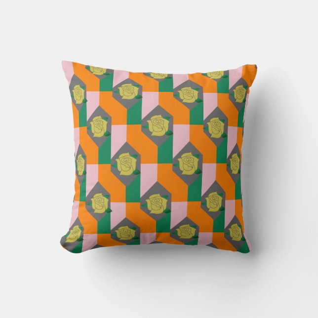 Yellow Rose in Multicolored Abstracts Pattern Cushion (Front)