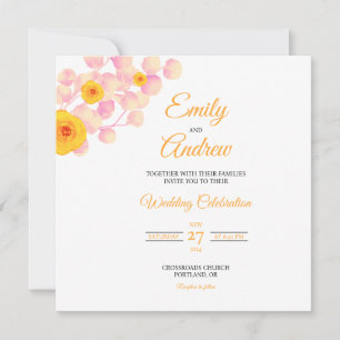 Yellow Rose Leaf Floral Watercolor Square Wedding Invitation