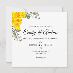Yellow Rose Leaf Floral Watercolor Square Wedding Invitation
