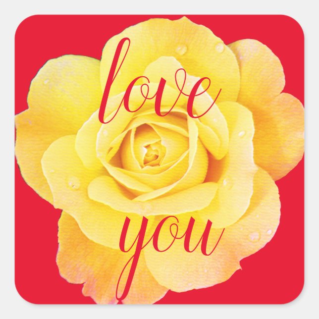 Yellow Rose Love You Floral Red Custom Cute Square Sticker (Front)