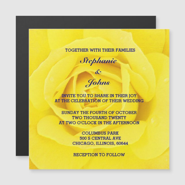 Yellow Rose Navy Blue Cute Chic Wedding Magnetic Invitation (Front/Back)