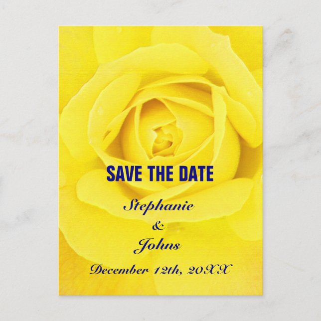 Yellow Rose Navy Blue Cute Unique Save The Date Postcard (Front)