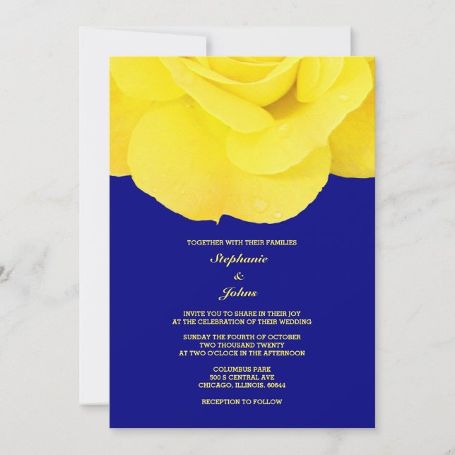 Yellow Rose Navy Blue Floral Spring Summer Wedding Invitation (Front)