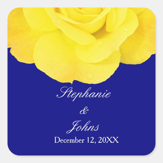 Yellow Rose Navy Blue Floral Wedding Cool Unique Square Sticker (Front)