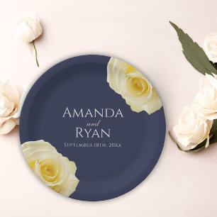 Yellow Rose Navy Blue Floral Wedding Paper Plate