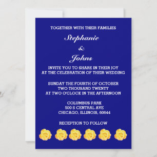 Yellow Rose Navy Blue Floral Wedding Pretty Bright Invitation