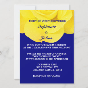 Yellow Rose Navy Blue Floral White Unique Wedding Invitation