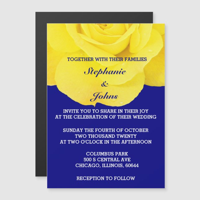 Yellow Rose Navy Blue Floral White Unique Wedding Magnetic Invitation (Front/Back)