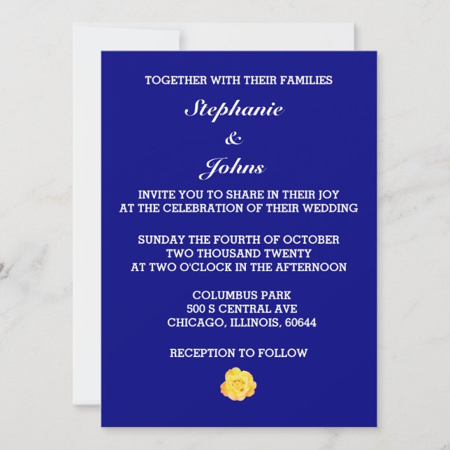 Yellow Rose Navy Blue Floral White Wedding Pretty Invitation (Front)
