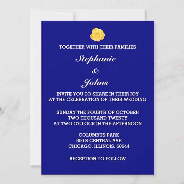 Yellow Rose Navy Blue Floral White Wedding Trendy Invitation (Front)
