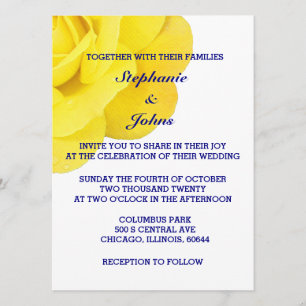 Yellow Rose Navy Blue White Cute Angled Wedding Invitation