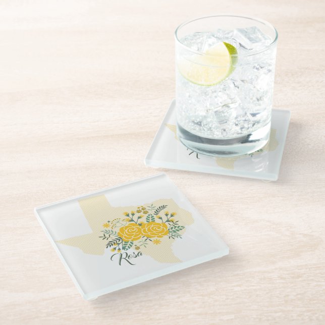 Yellow Rose of Texas - Gingham State with Roses Glass Coaster (Angled)