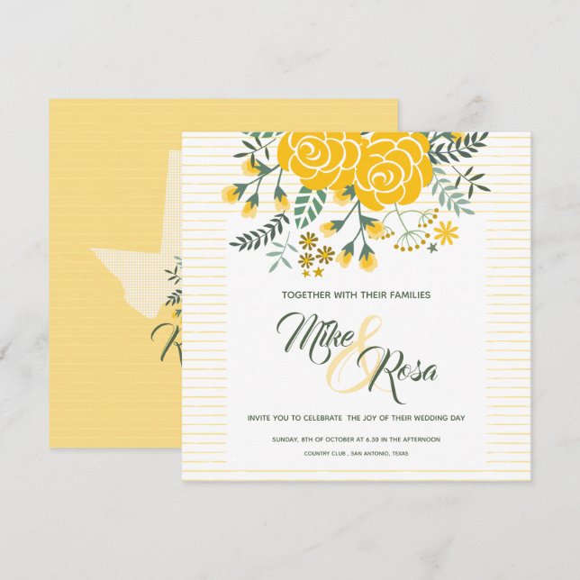 Yellow Rose of Texas - Gingham with Roses Wedding Invitation (Front/Back)