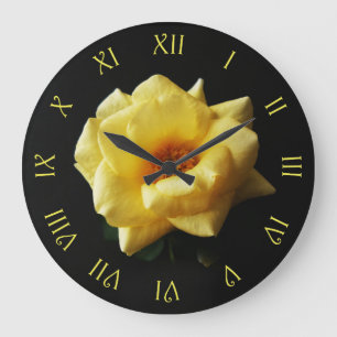 Yellow Rose On Black Yellow Script Roman NumbersWC Large Clock