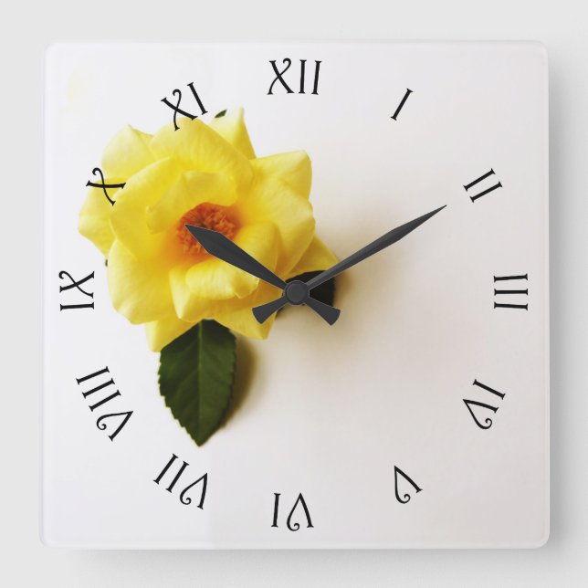 Yellow Rose On White Black Script Roman wca Square Wall Clock (Front)