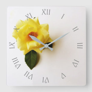 Yellow Rose On White Grey Script Roman wcm Square Wall Clock