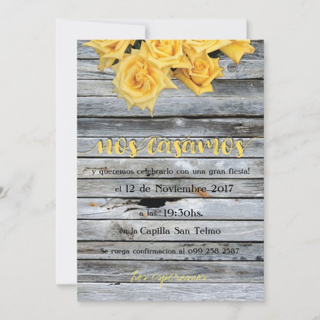 Yellow Rose Over Wooden Background in Spanish Invitation (Front)