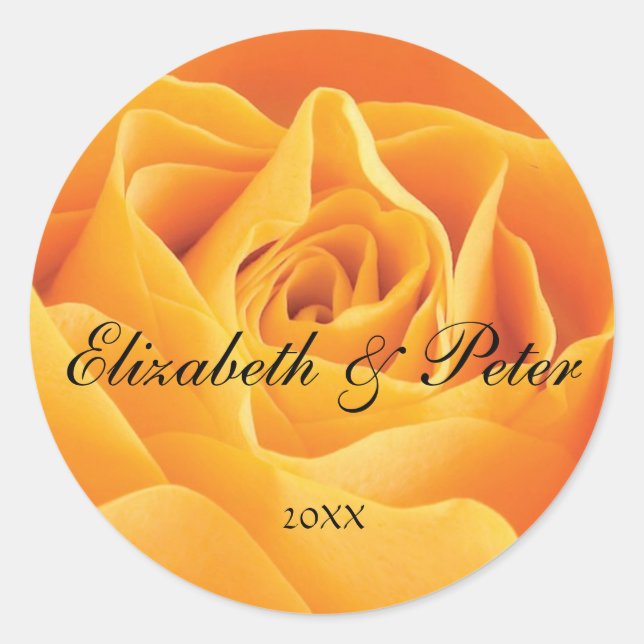 Yellow Rose Personalised Round Wedding Sticker (Front)