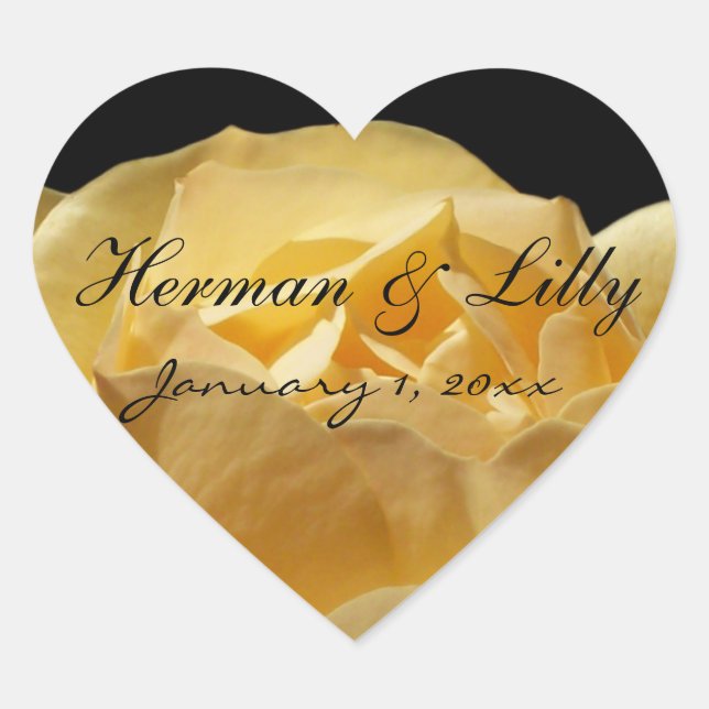 Yellow Rose Personalised Wedding Heart Sticker (Front)