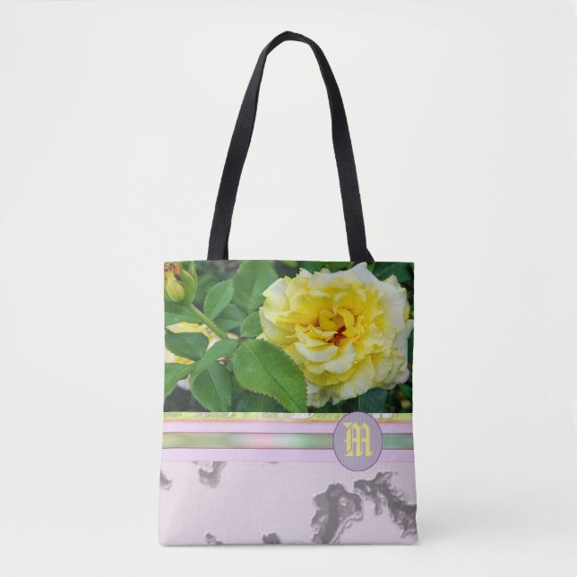 Yellow Rose Purple Marble Monogram TOTE BAG (Front)