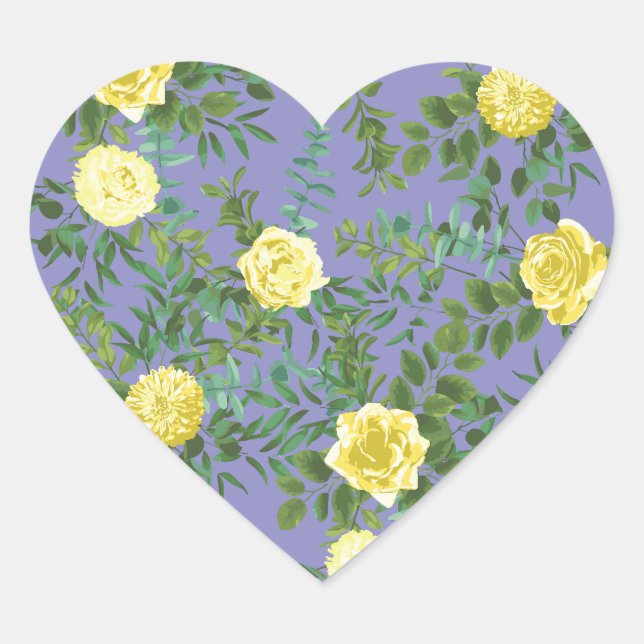 Yellow Rose & Purple Periwinkle Wedding Heart Sticker (Front)