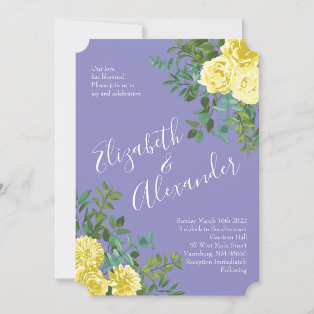 Yellow Rose & Purple Periwinkle Wedding Invitation (Front)